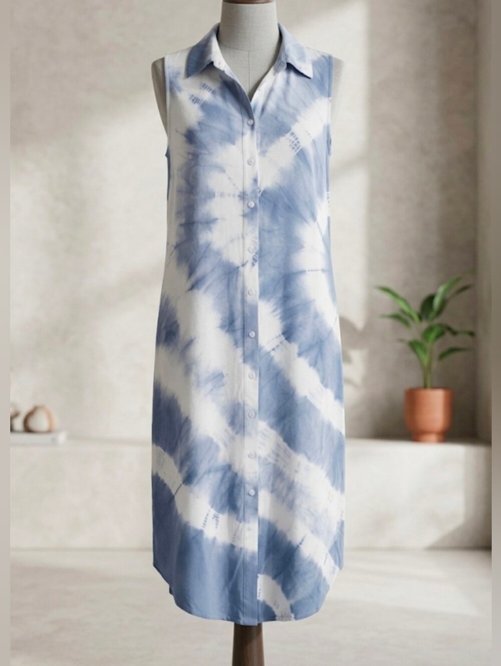Charlie B Blue Tie Dye Sleeveless Button Down Midi Shirt Dress XS